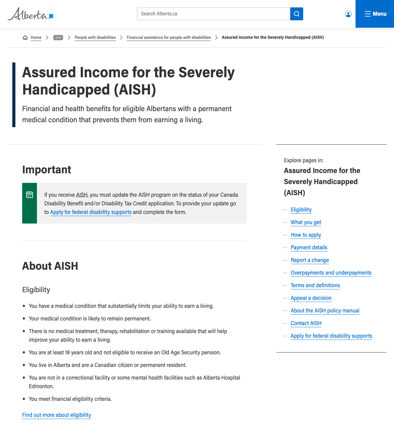 Assured Income for the Severely Handicapped (AISH) - Living Allowance — official application page