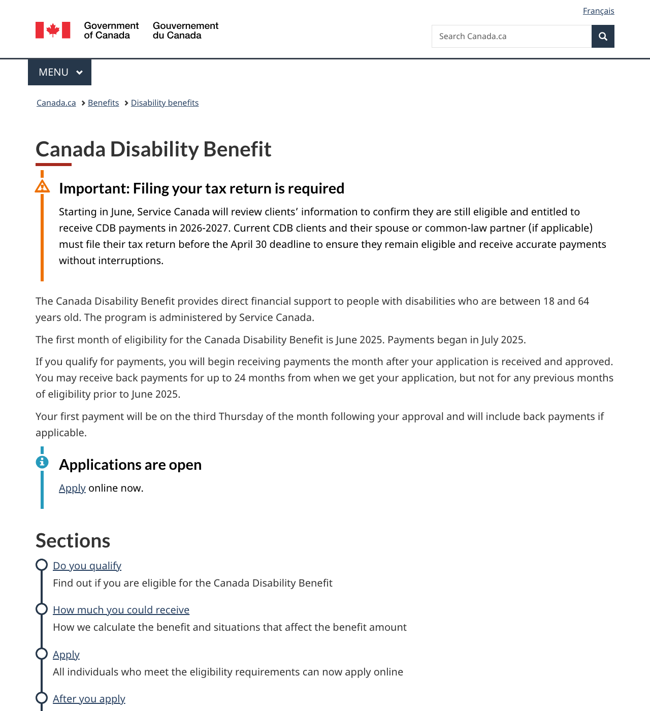 Canada Disability Benefit (CDB) — official application page