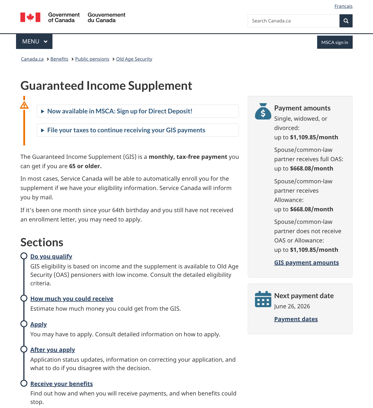 Guaranteed Income Supplement (GIS) — official application page