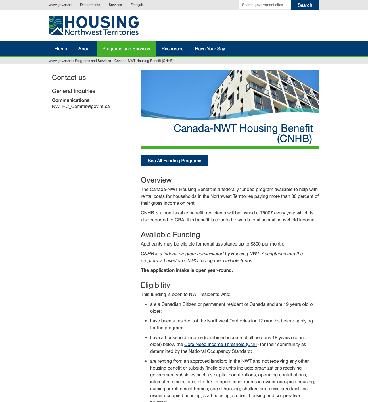 Canada-NWT Housing Benefit (CNHB) — official application page