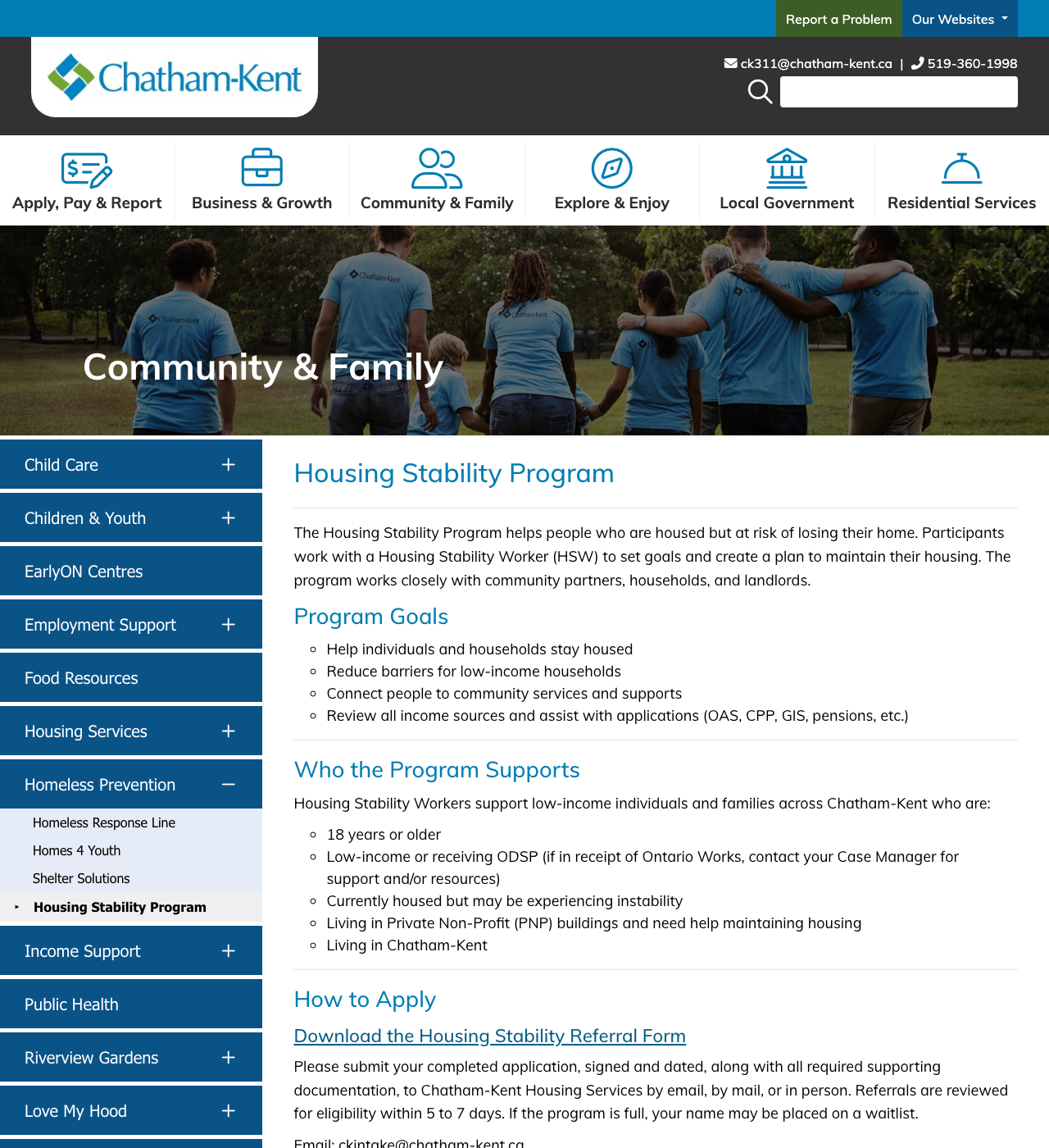 Chatham-Kent Housing Stability Program — official application page