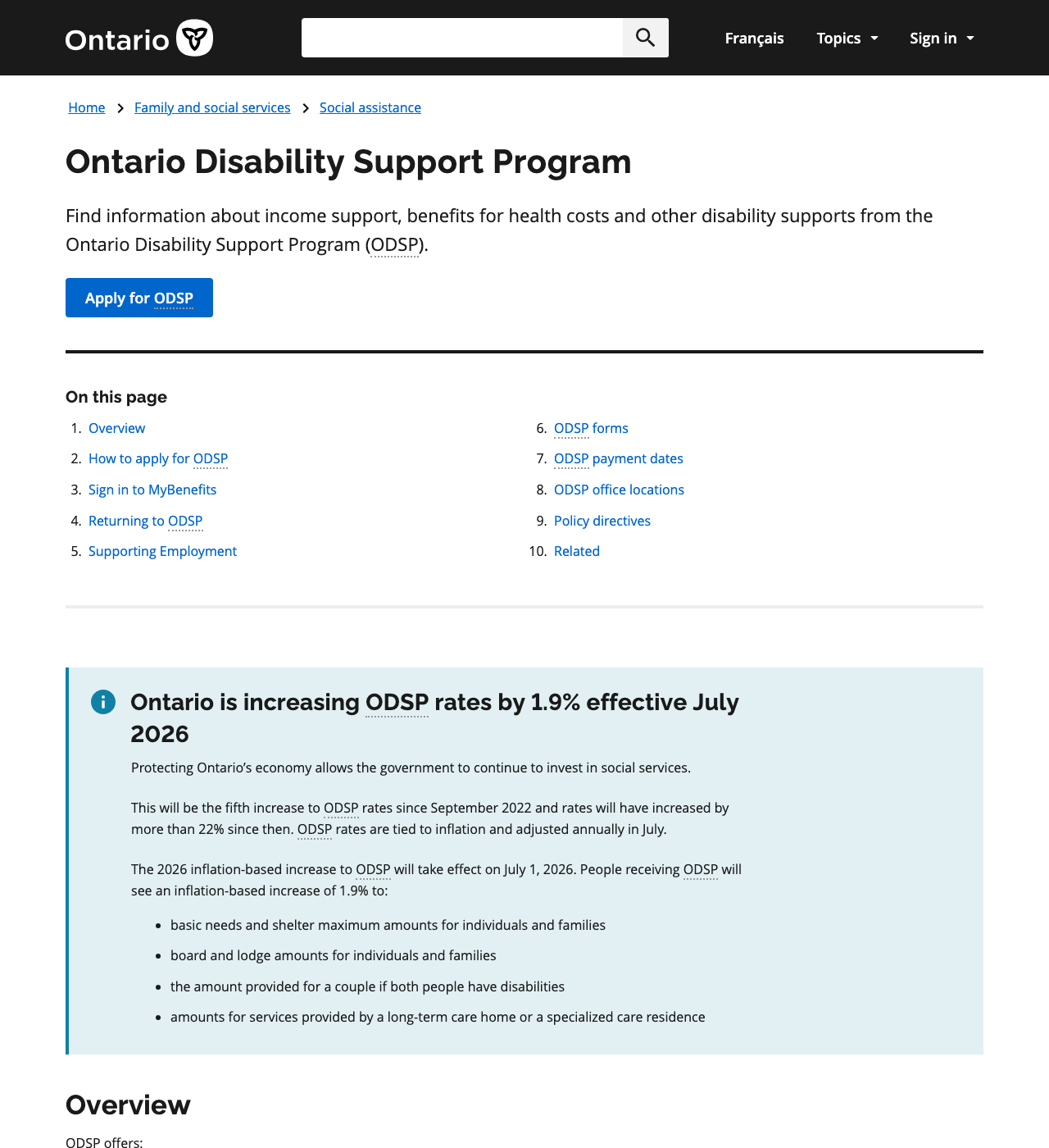 Ontario Disability Support Program (ODSP) - Income Support (Shelter Allowance + Basic Needs) — official application page
