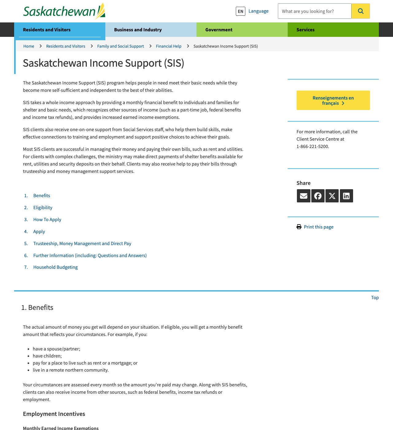 Saskatchewan Income Support (SIS) — official application page